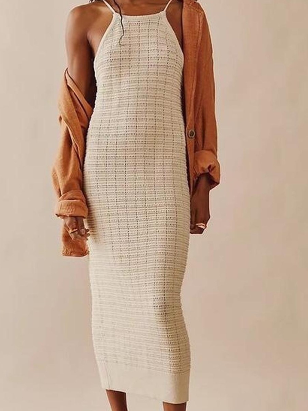 Free People Cream Knit Halter Midi Dress with Rust Shirt Accent